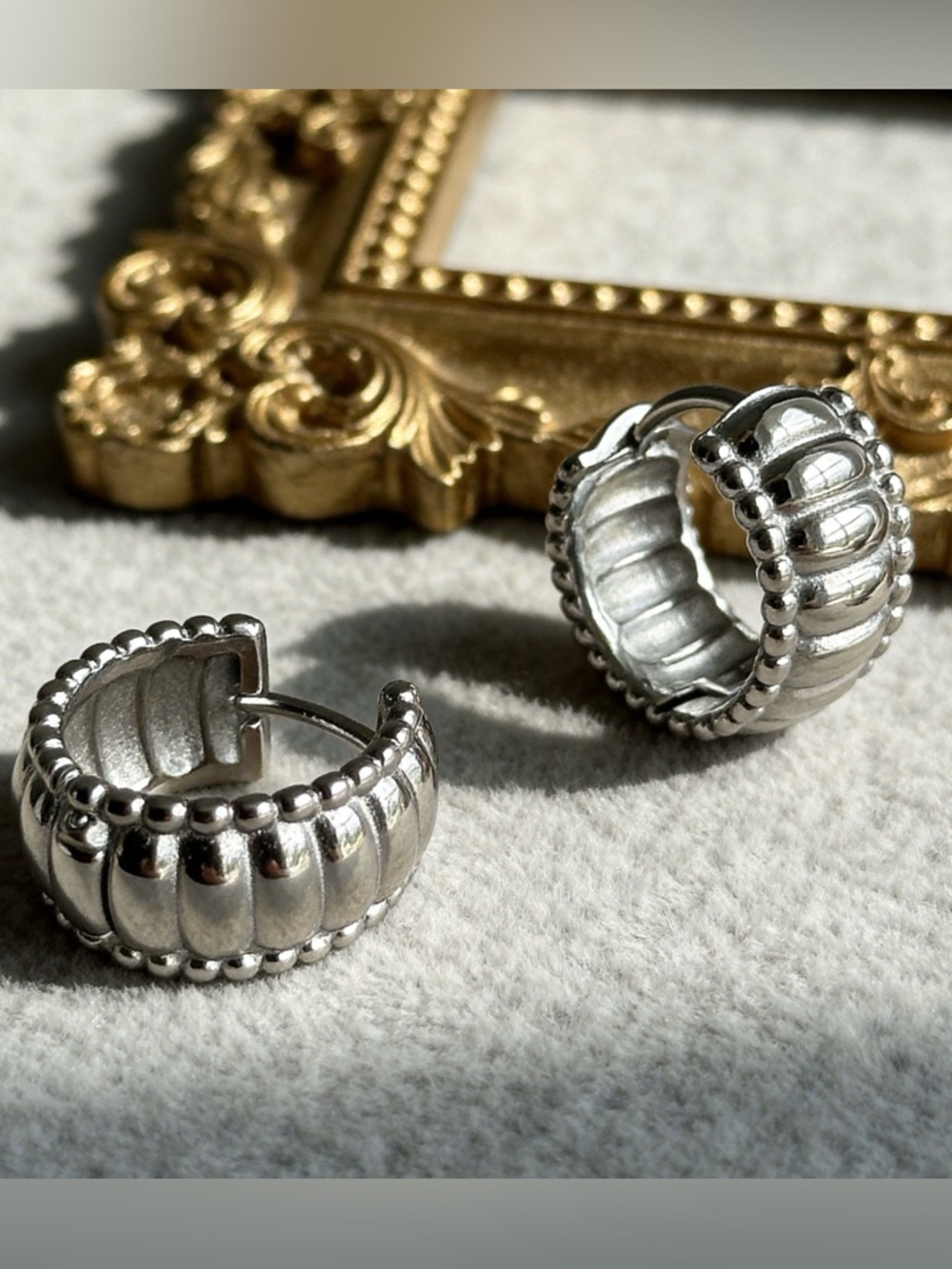 Stainless Steel Ribbed Chunky Hoop Earrings
